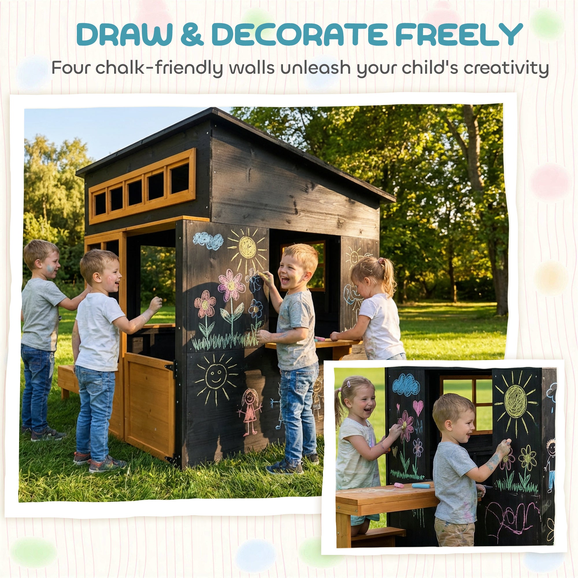 Wooden outdoor kids playhouse by I YAN with picnic table, benches, chalkboards, windows, and half door for children ages 3-8.
