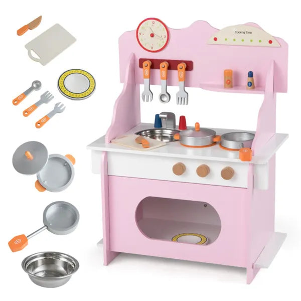 Pink wooden toddler play kitchen by I YAN with sink, accessories, and realistic features, perfect safe gift for kids aged 3+