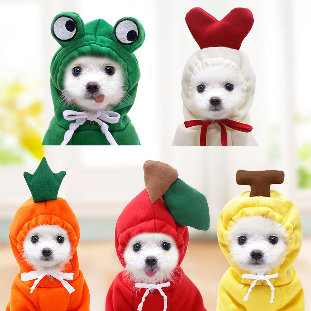 Cute fruit-themed fleece hoodie for small dogs and puppies, featuring colorful fruit prints, perfect for warmth and winter wear.
