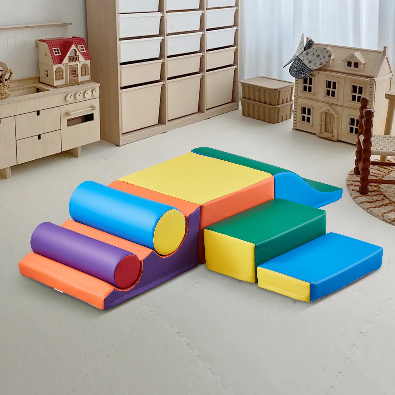 Colorful foam climbing blocks set for toddlers and preschoolers by I YAN, featuring seven soft, safe, and stackable climbing toys.