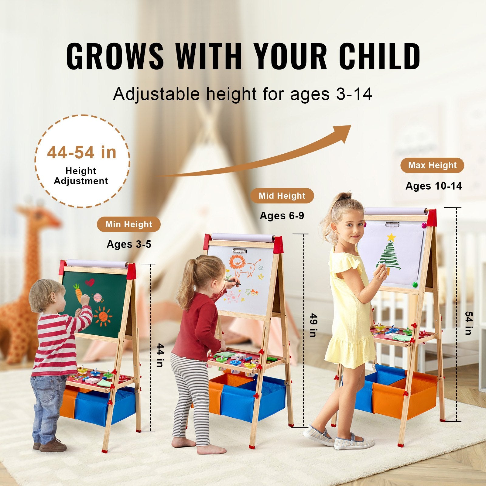 I YAN 3-in-1 kids art easel with double-sided wooden magnetic whiteboard and chalkboard, featuring colorful art supplies.