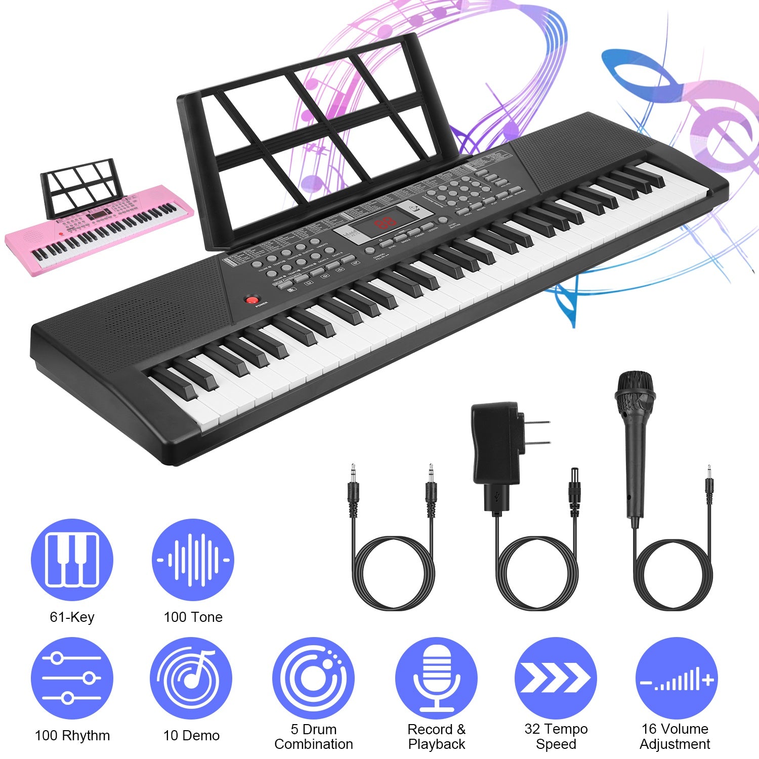 I YAN 61-key digital music keyboard with microphone stand, suitable for kids ages 3-12, electronic musical instrument for learning
