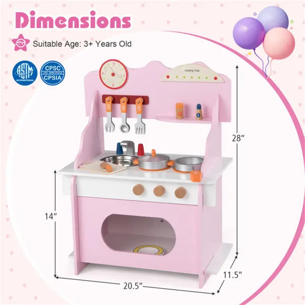 Pink wooden toddler play kitchen by I YAN with sink, accessories, and realistic details for kids aged 3 and up.