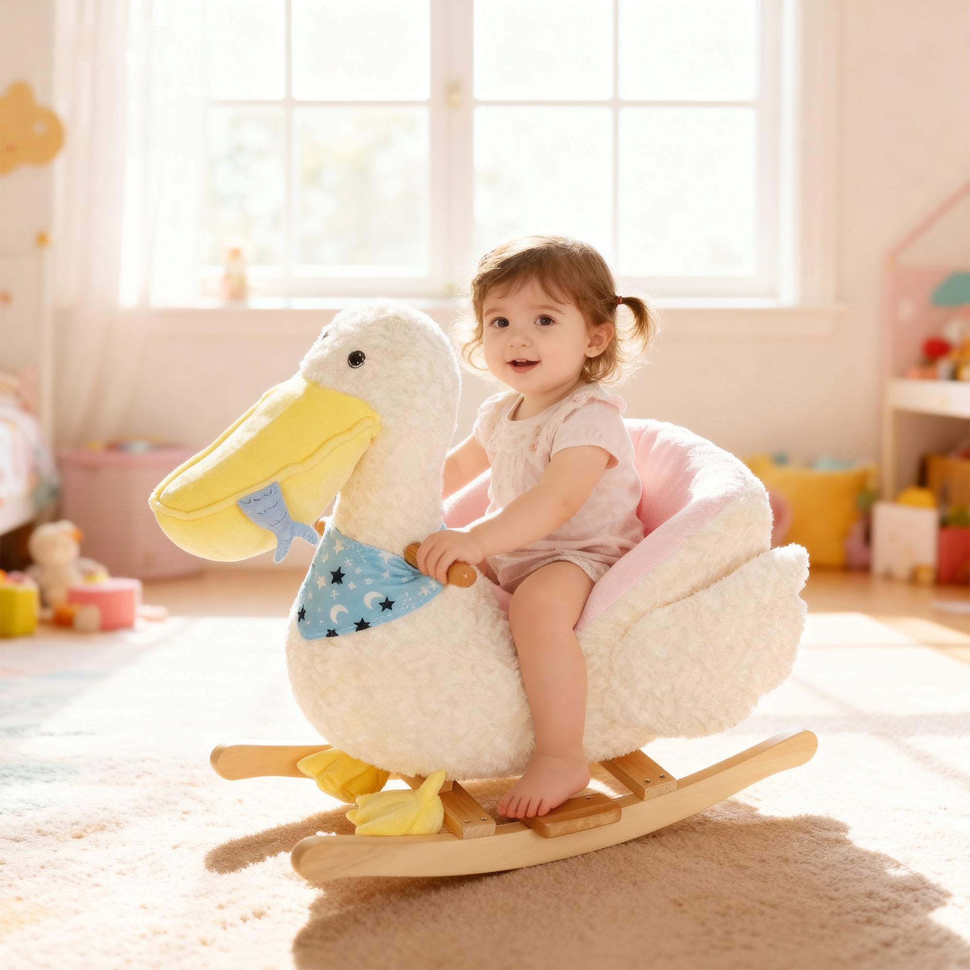 White baby rocking horse by I YAN with a pelican design, featuring realistic duck sounds for toddlers aged 18-36 months.
