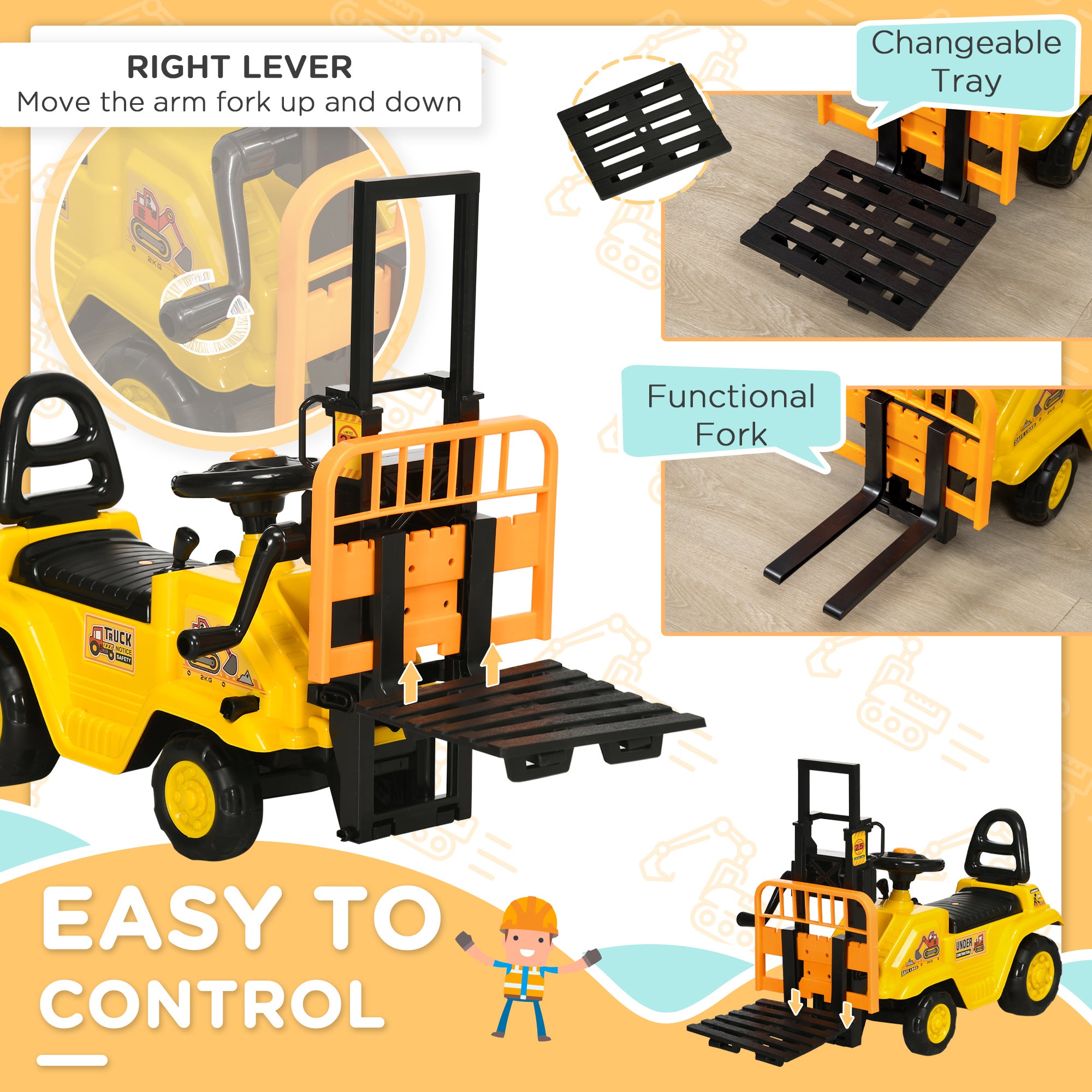 Kids riding the I YAN Sit and Scoot forklift toy with under-seat storage, perfect for imaginative construction play for 3-year-olds.