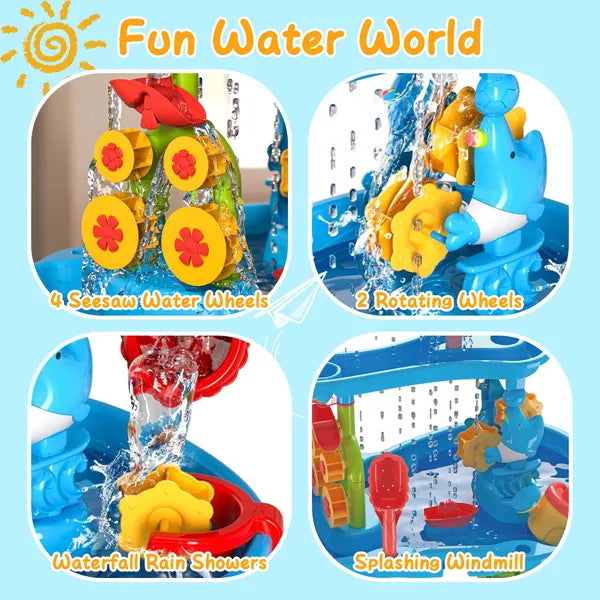 I YAN Kid Sand Water Table for toddlers, featuring rain showers and sensory play elements, great for ages 3-6.