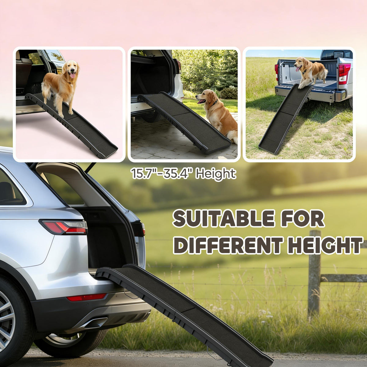 Foldable I YAN dog car ramp, 61-inch extra-long gentle slope for SUVs and high beds, made for easy pet access.
