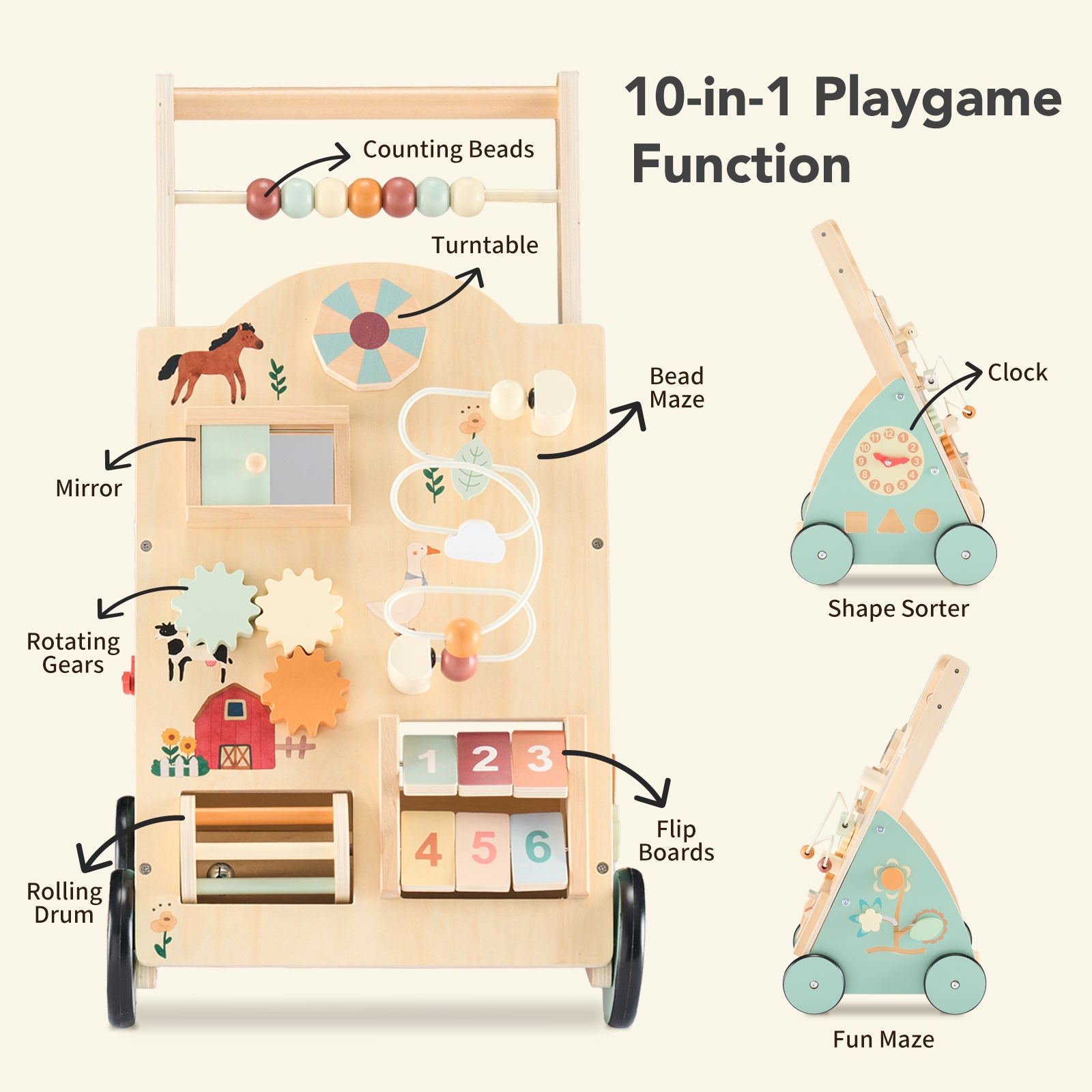 I YAN wooden baby walker with adjustable speed, Montessori activity center, silent wheels, push-style design for early walking support.