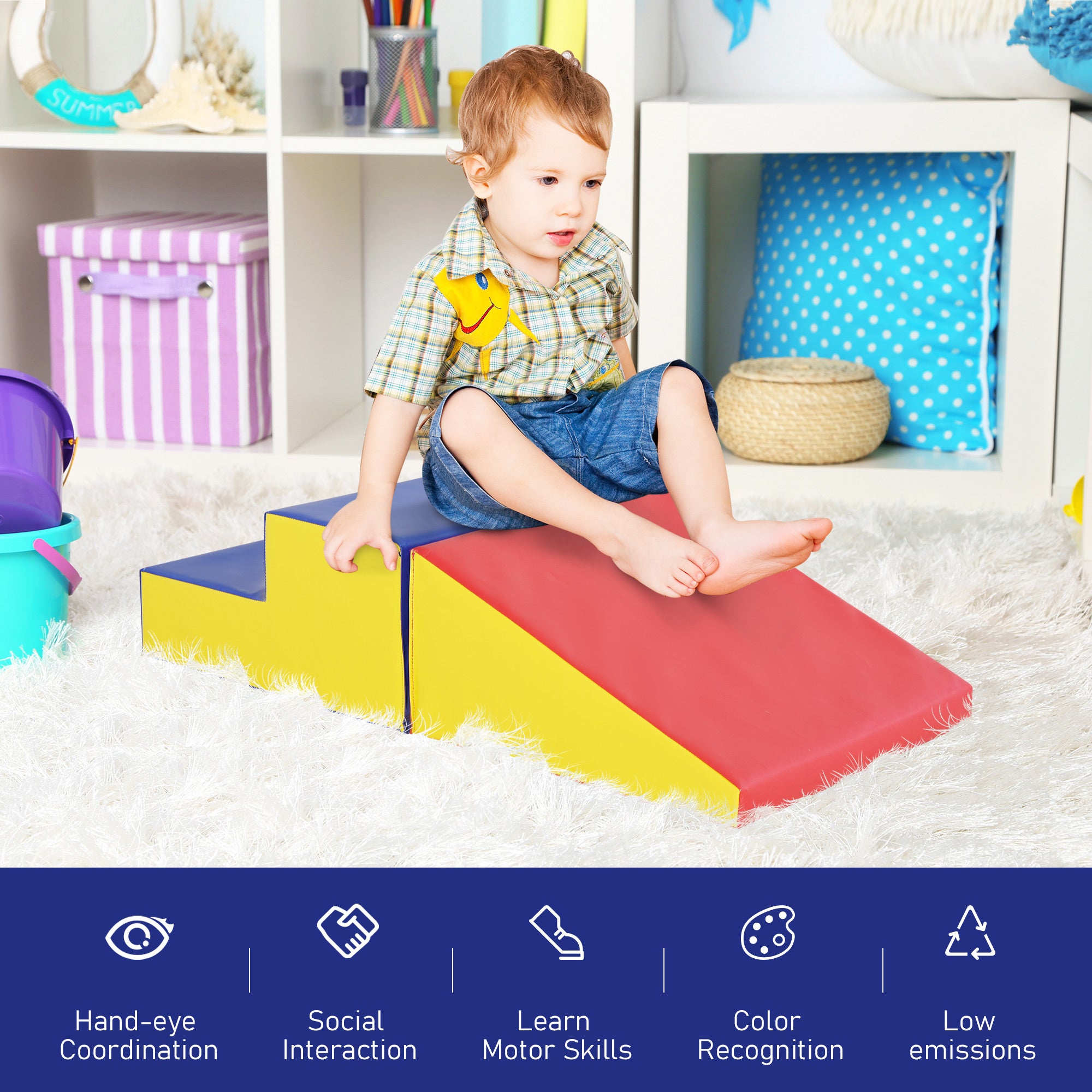 Colorful foam climb and crawl playset for toddlers, soft preschool learning toys by I YAN, featuring two pieces for safe indoor play