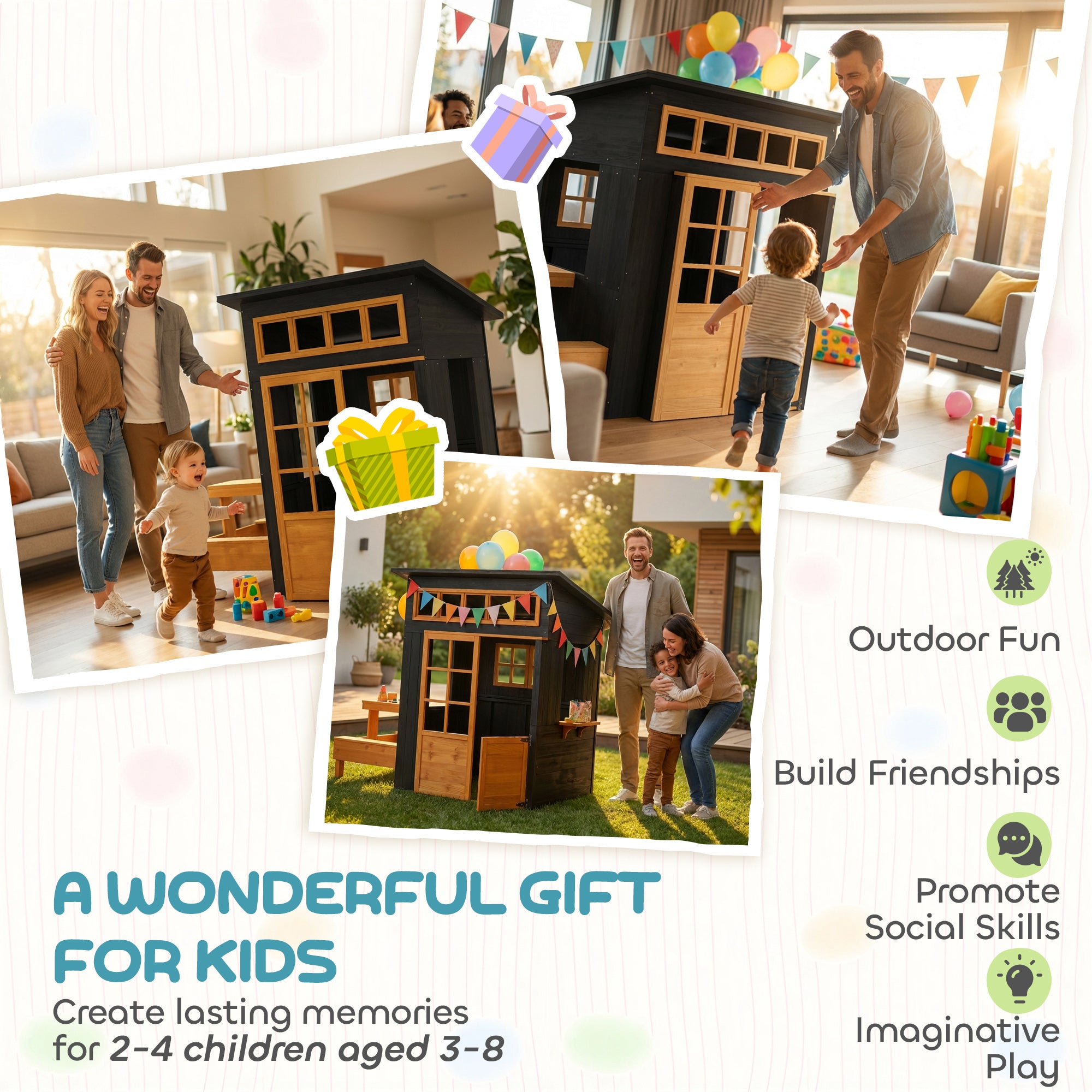 Wooden kids outdoor playhouse by I YAN with picnic table, benches, chalkboards, windows, and half door for children ages 3-8.