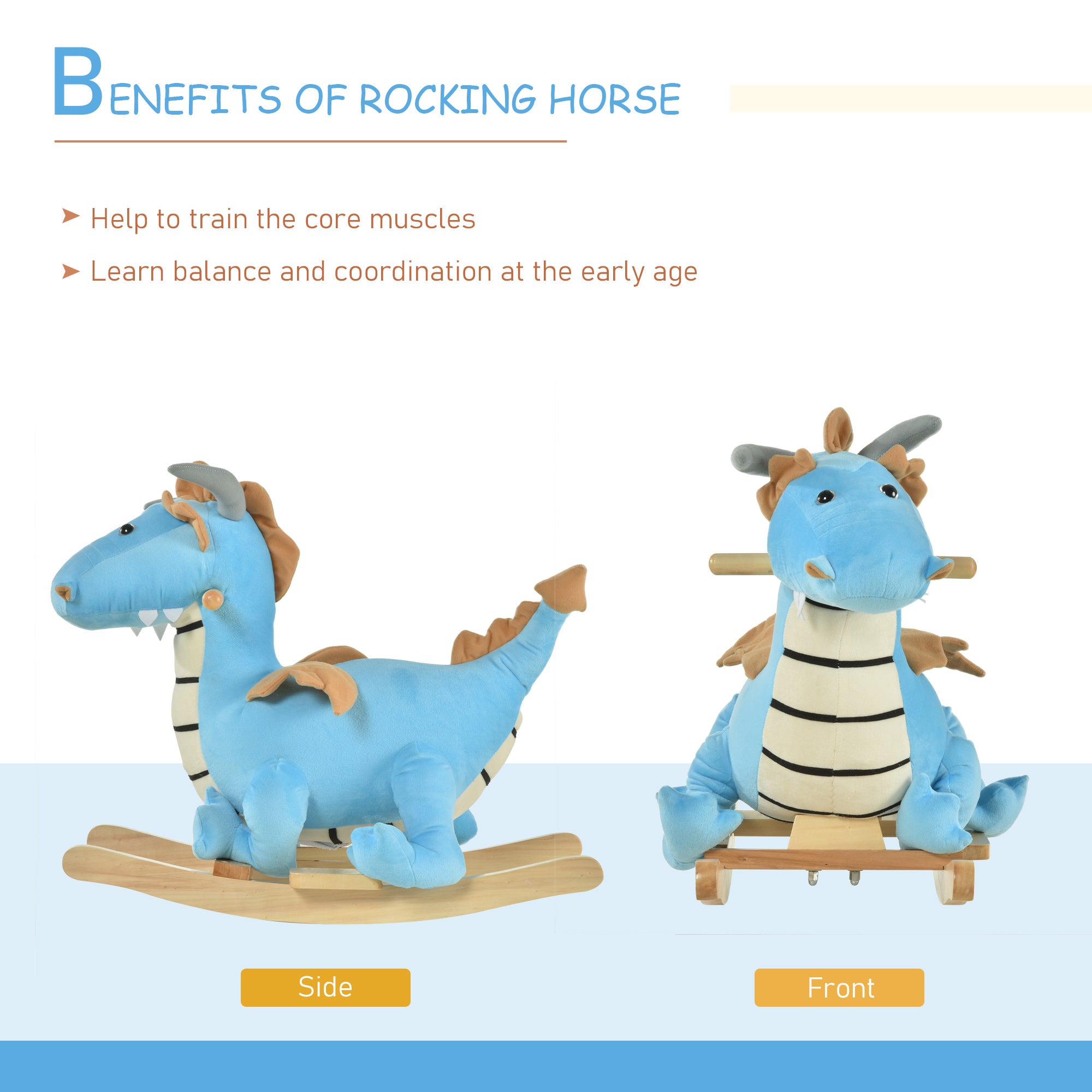 Blue wooden dinosaur rocking horse for toddlers, with realistic sounds, suitable for ages 18-36 months, by I YAN.