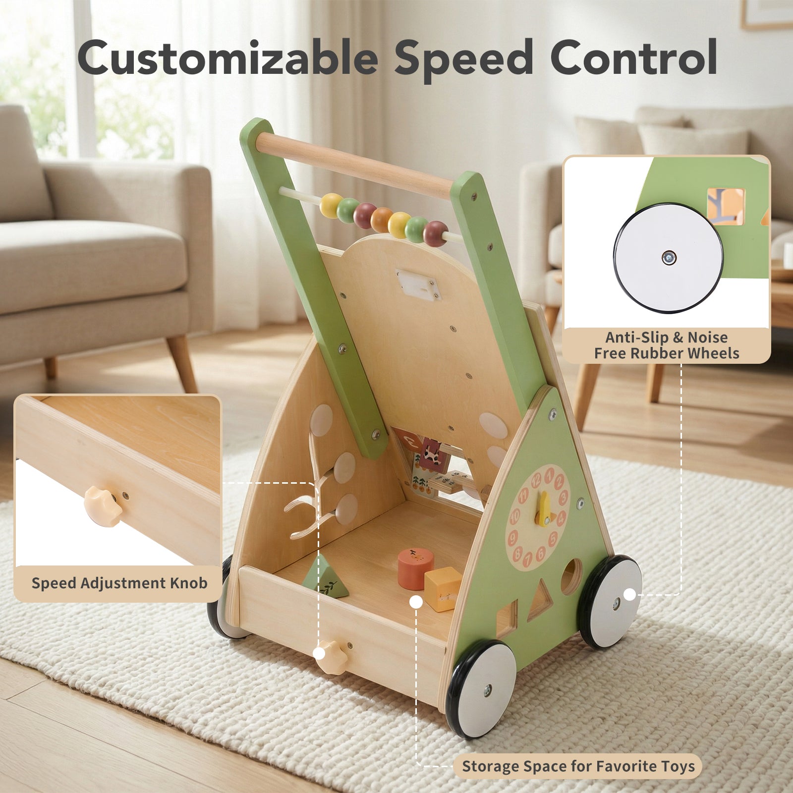 Wooden baby walker with adjustable speed, Montessori activity center, silent wheels, push-style baby walking toy by I YAN.