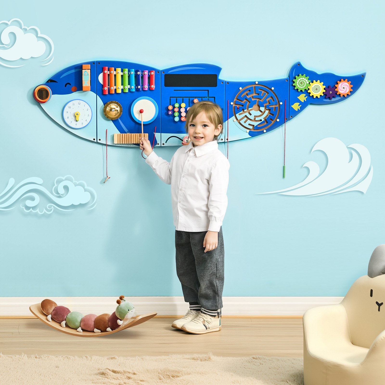 I YAN Orca Activity Wall Busy Board with six sensory panels featuring various interactive activities for children.