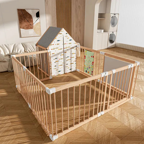 I YAN natural wood baby playpen with foldable 10-panel design, door, built-in toys, and versatile shapes for safe play area.