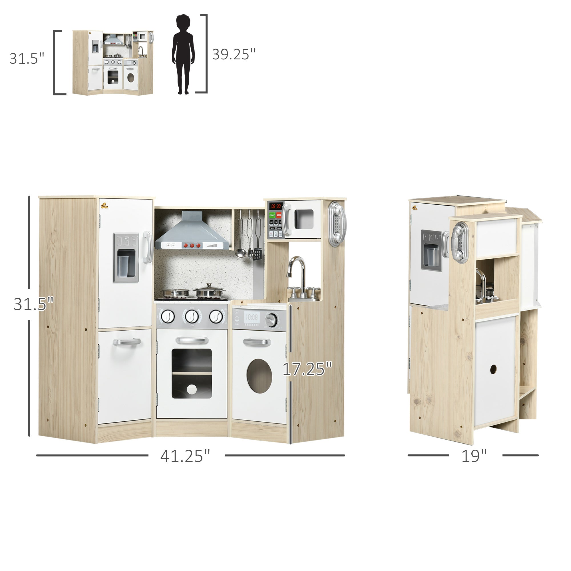 I YAN ultra-big wooden kids kitchen playset with stainless steel cookware, phone, ice maker, and sound effects for imaginative play.
