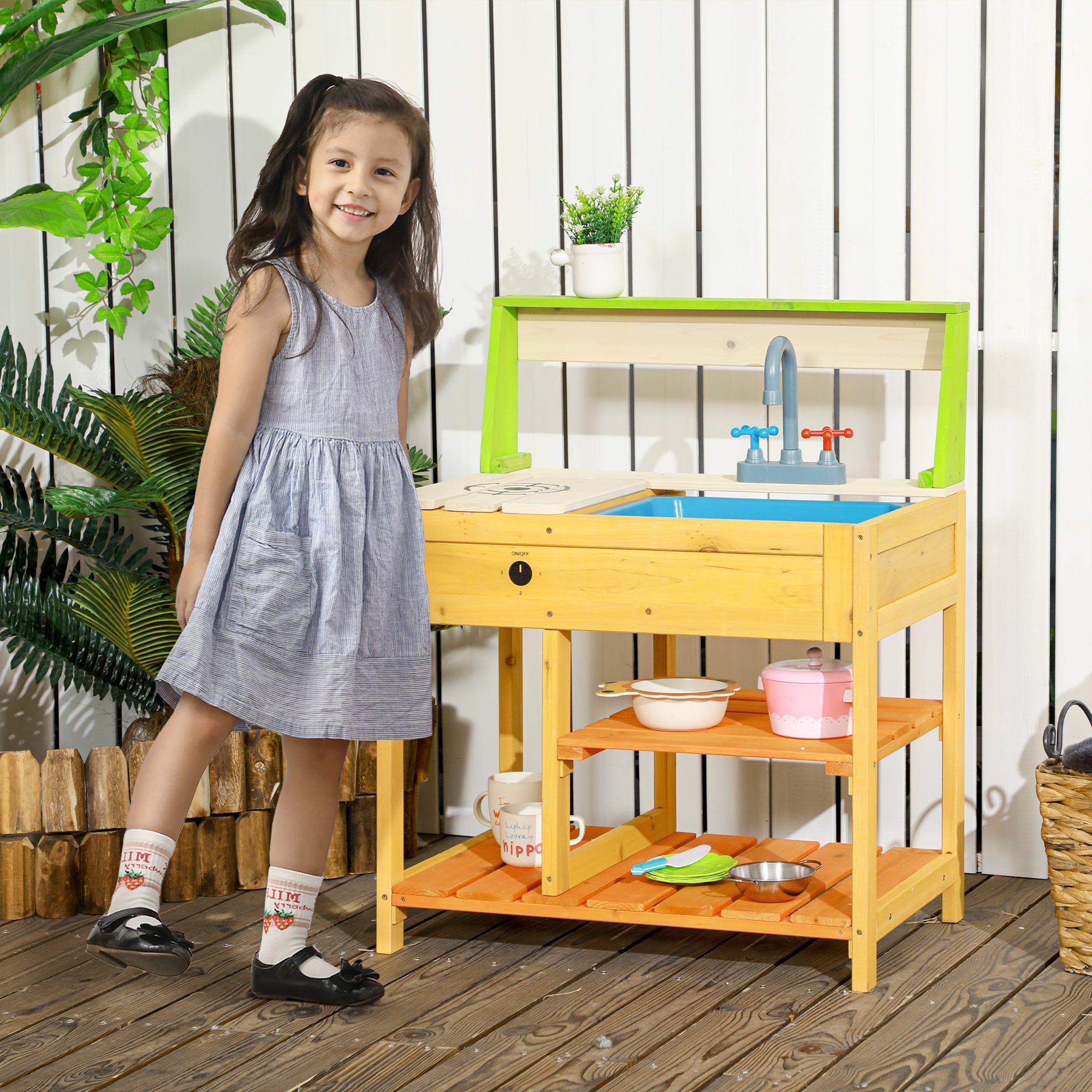 Kids outdoor mud kitchen playset with faucet, sink, storage shelves, realistic kitchen toys for children ages 3-8 by I YAN
