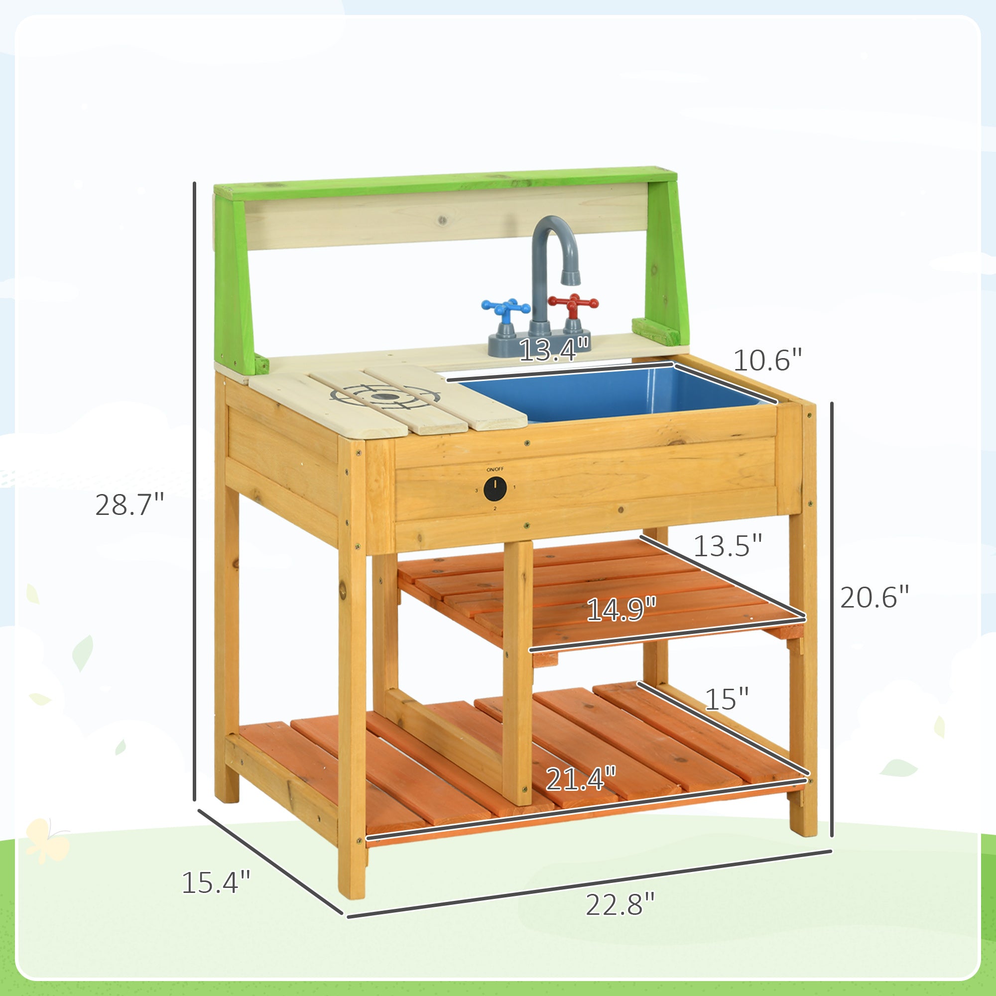 I YAN outdoor mud kitchen playset for kids with faucet sink, shelves, and realistic kitchen toys, ideal for children ages 3 to 8.