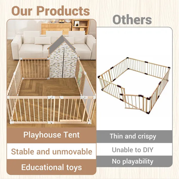 Natural wood baby playpen by I YAN, 10-panel foldable play yard with door, built-in toys, and versatile shape options for safe play area.
