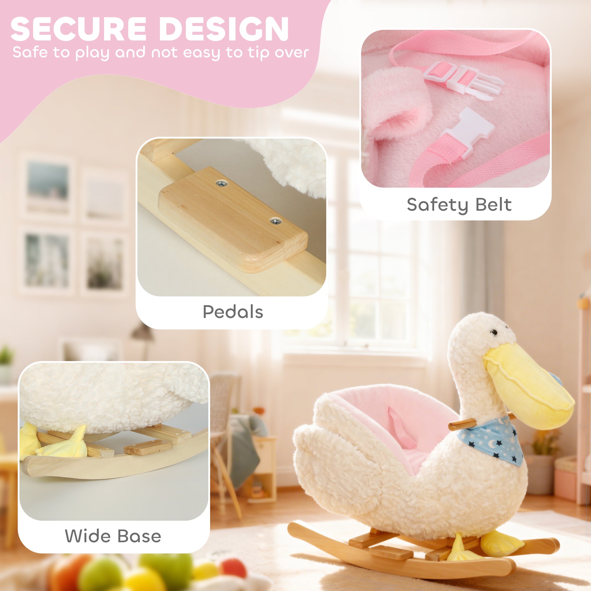 White baby rocking horse by I YAN featuring a kid's pelican design with realistic duck sounds for toddlers aged 18-36 months.