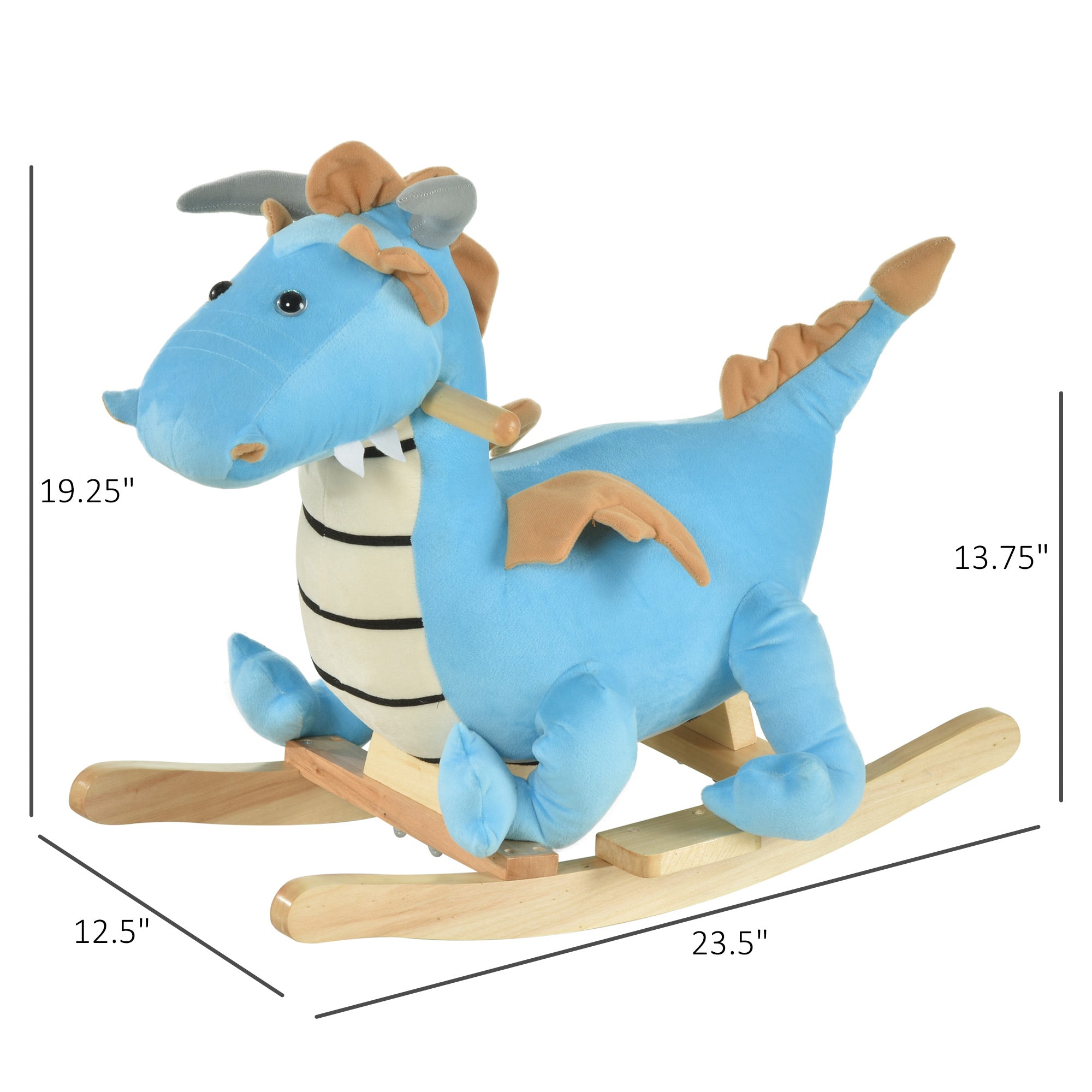 Blue wooden dinosaur rocking horse for toddlers, featuring realistic sounds and prehistoric design, suitable for ages 18-36 months.