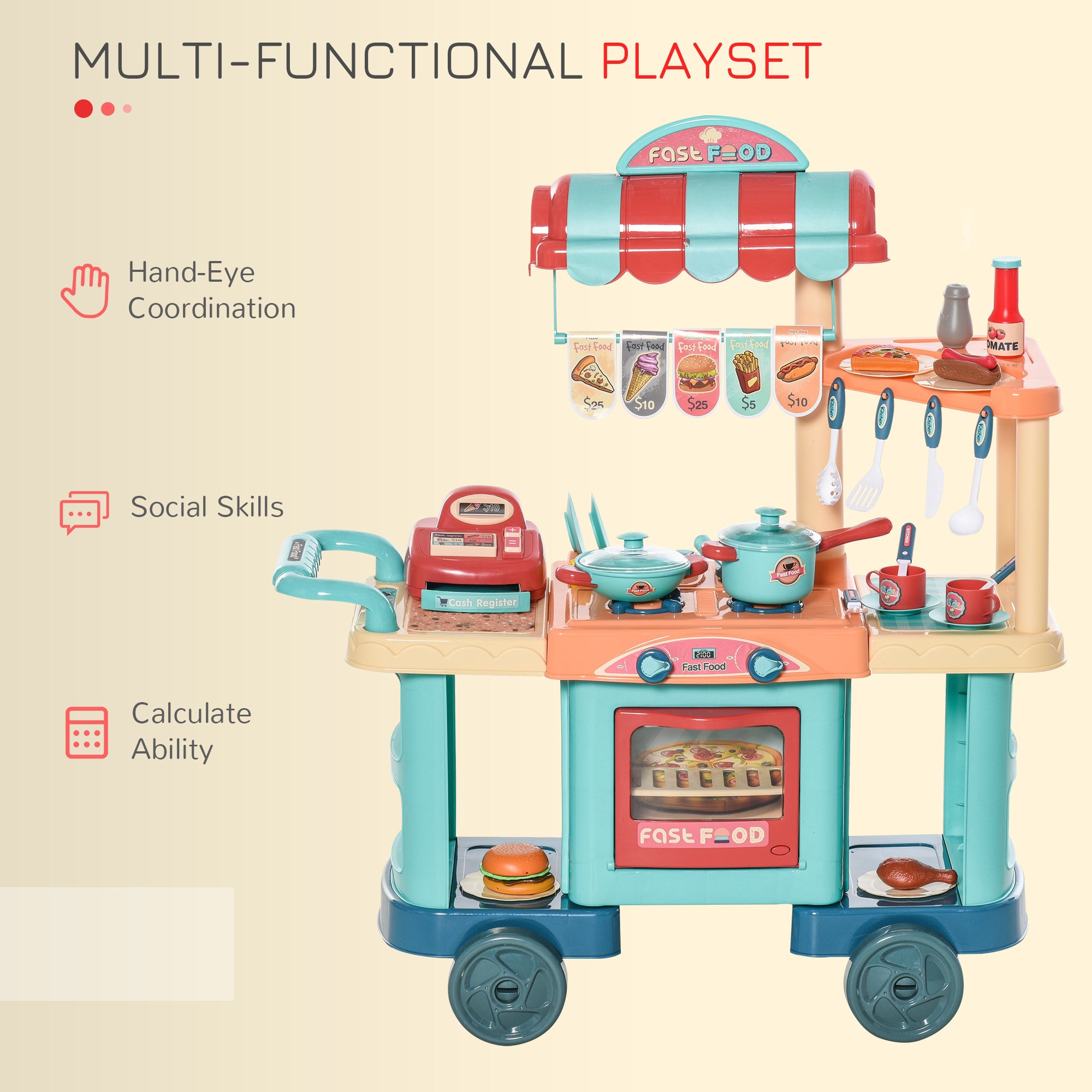 Kids kitchen food stand by I YAN with play food, cashier register, and accessories for children aged 3-6, perfect for imaginative play.