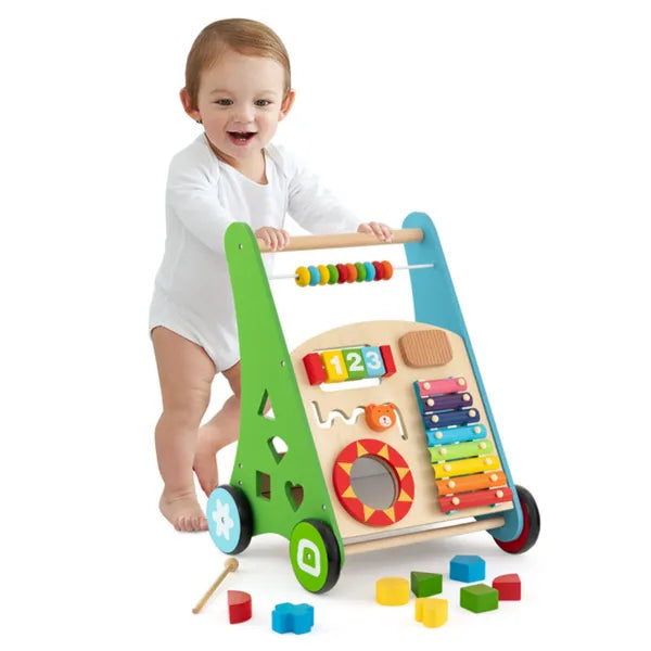 Wooden baby walker by I YAN featuring a 7+ activity center with xylophone, shape sorter, mirror, suitable for ages 3 and up.