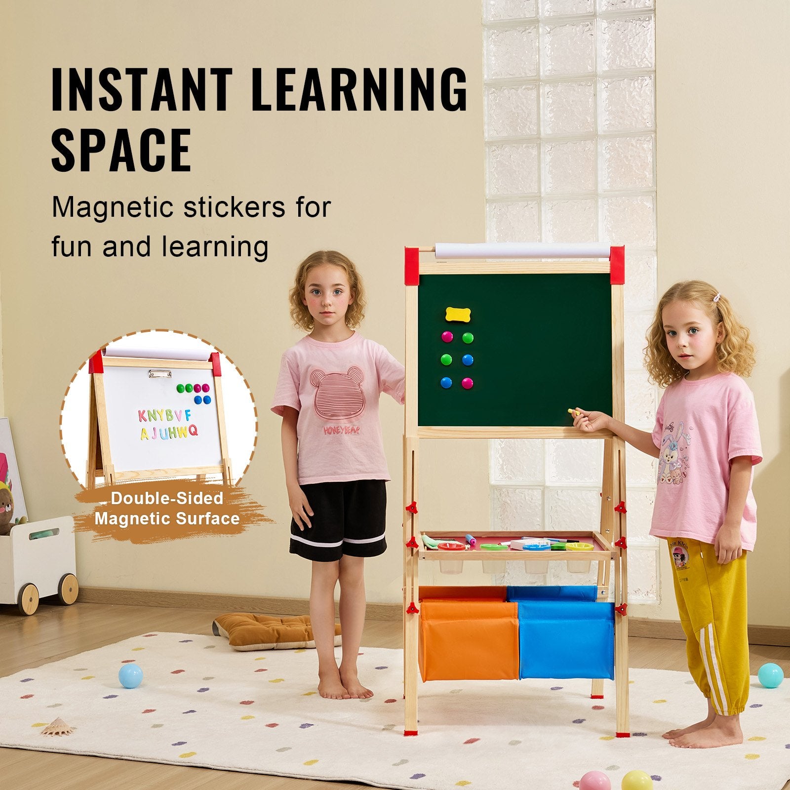 Kids art easel by I YAN with double-sided magnetic whiteboard and chalkboard, made of wood for creative drawing and writing.