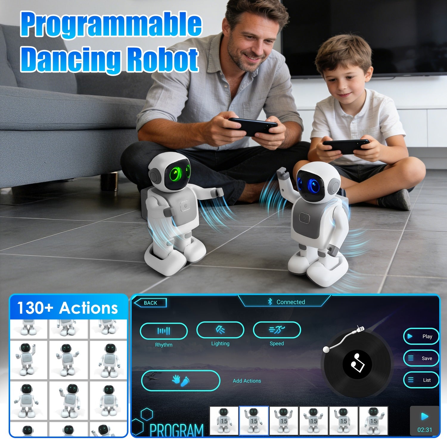 I YAN AI dancing robot toy with Bluetooth music playback and voice assistant features, showing the robot standing and dancing.