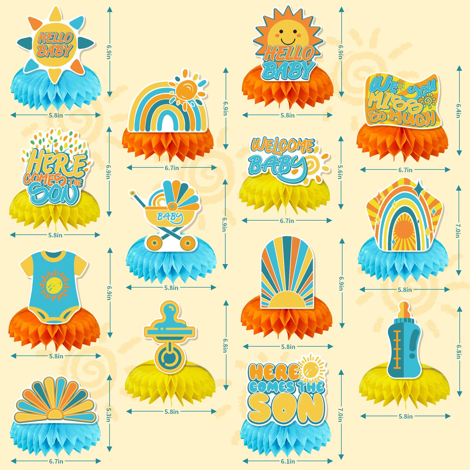 I YAN Here Comes The Son baby shower decorations, 14-piece boho honeycomb centerpiece set, featuring colorful paper ball accents.