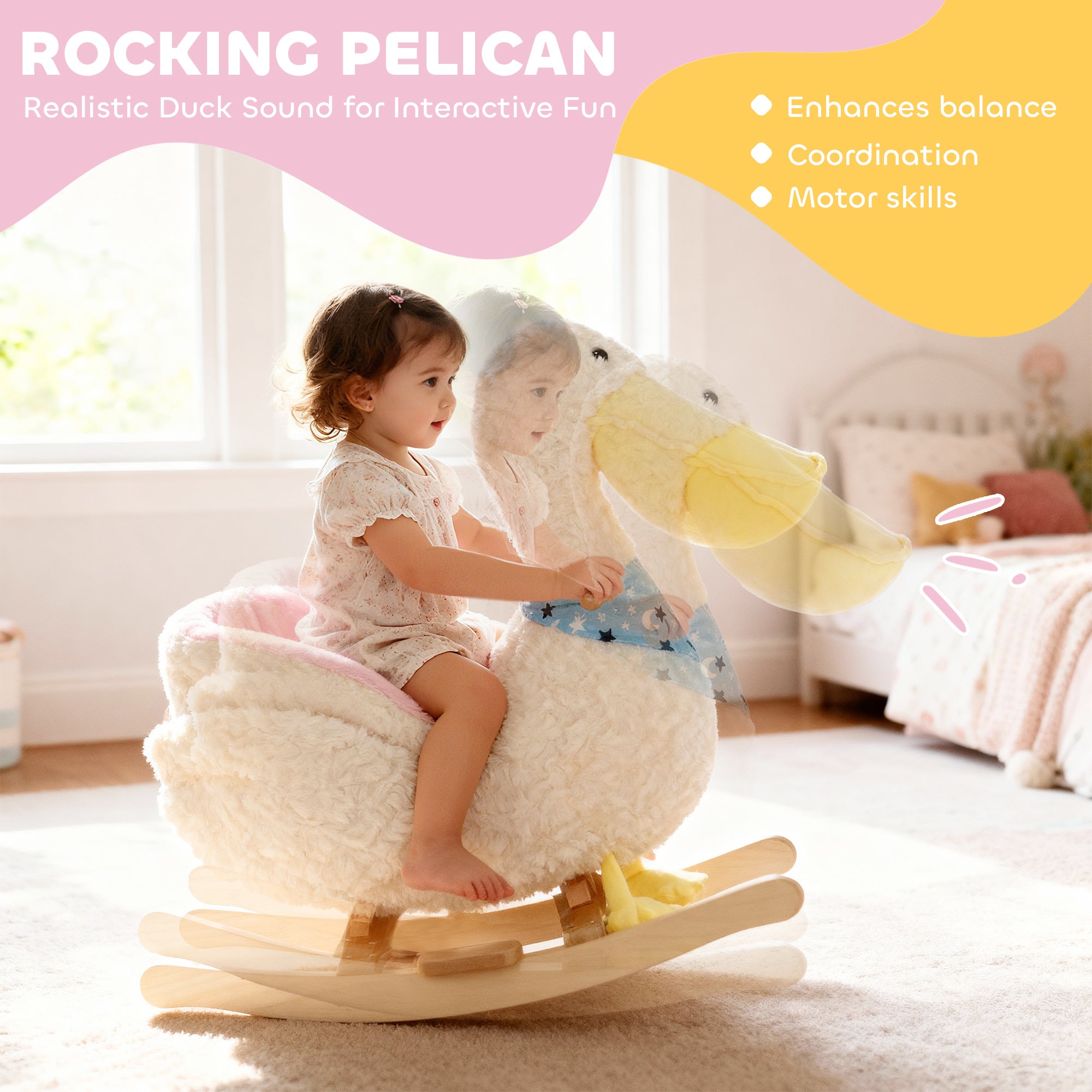 White baby rocking horse for toddlers, I YAN kids ride-on pelican with realistic duck sound, suitable for ages 18-36 months.