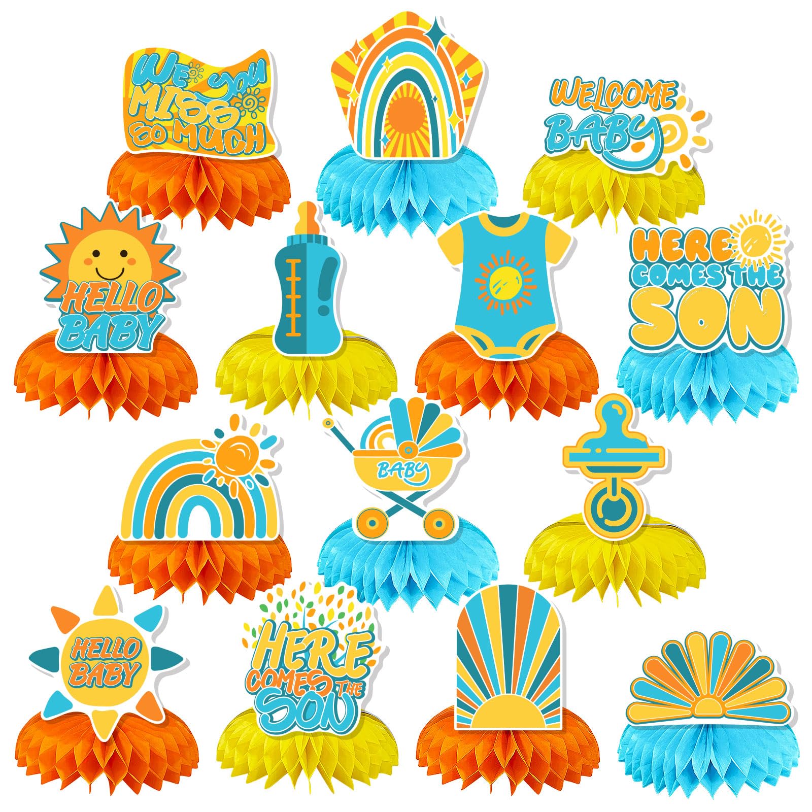 I YAN Here Comes The Son baby shower decorations 14-piece boho honeycomb centerpiece set, featuring colorful hanging decor and table accents.