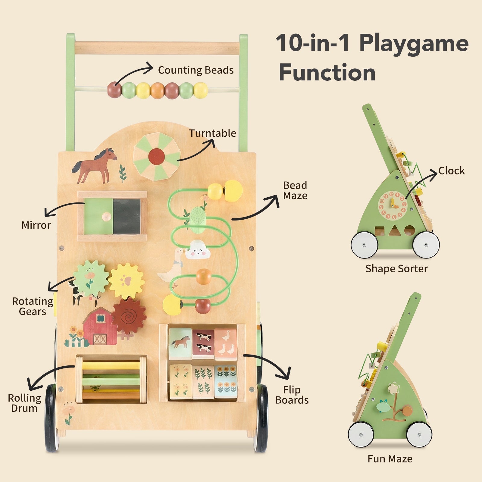 Wooden baby walker from I YAN with adjustable speed, silent wheels, and Montessori activity center for early walking development.