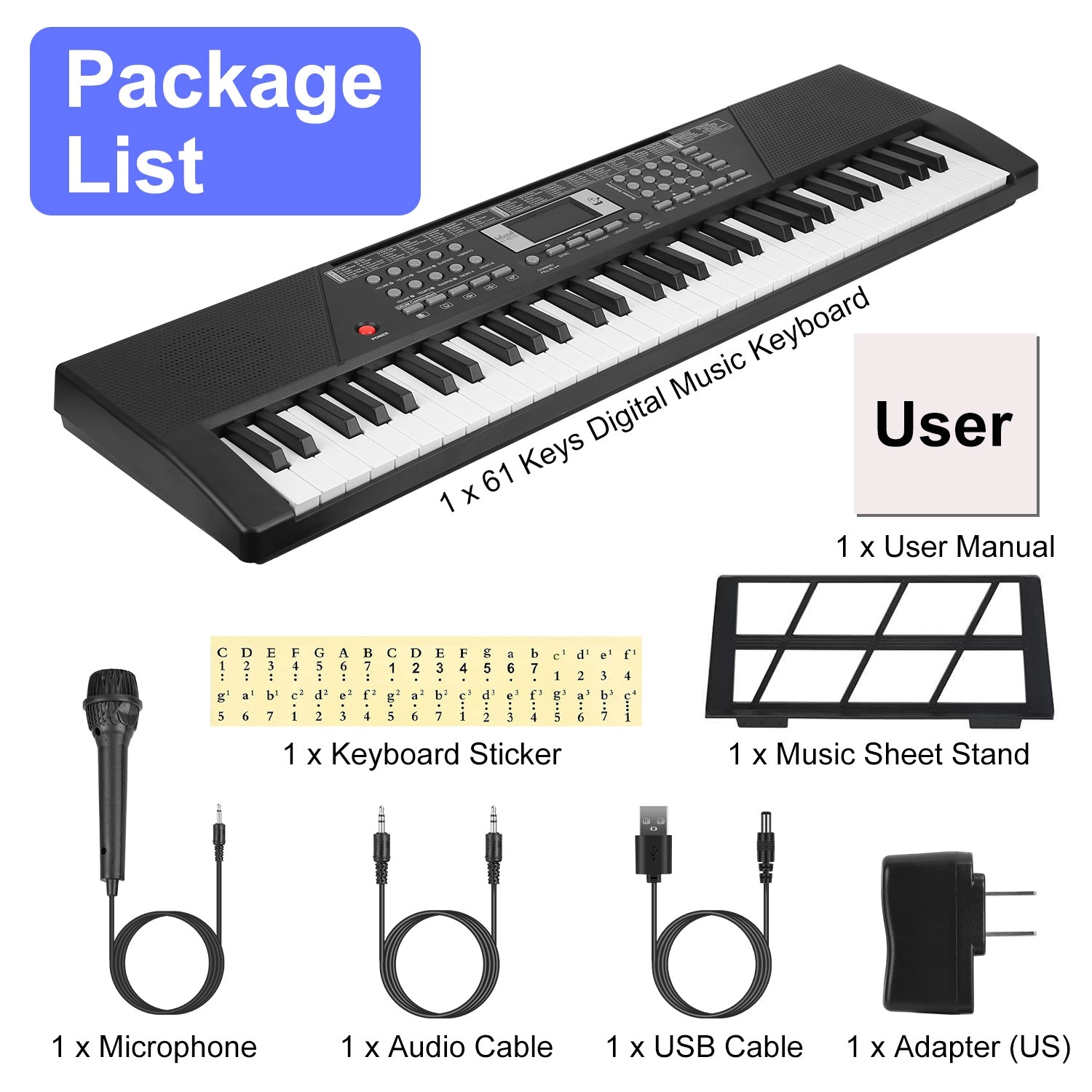 I YAN 61-key digital music keyboard with microphone and stand, suitable for kids ages 3-12, featuring colorful buttons and musical design.