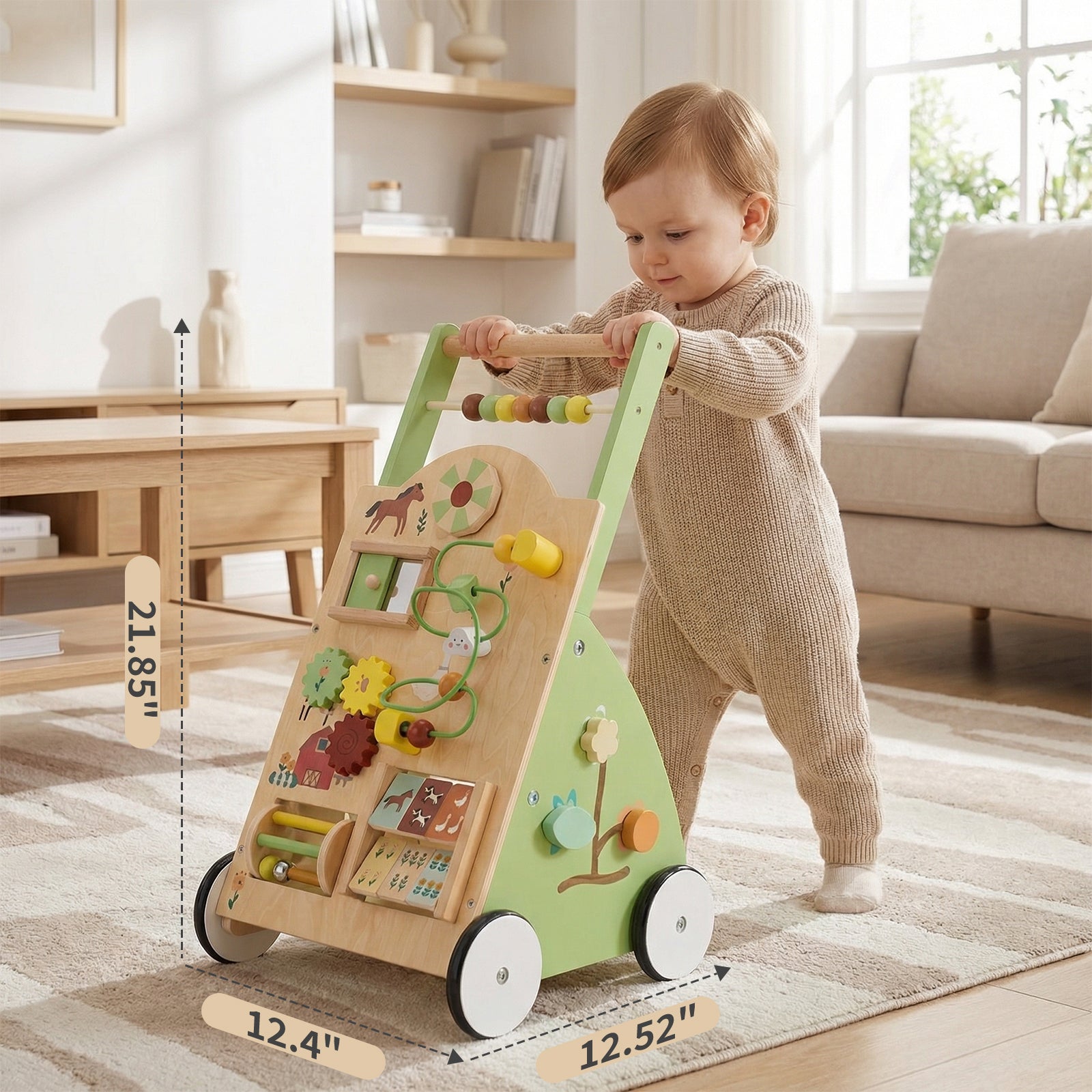 Wooden baby walker by I YAN with adjustable speed, Montessori activity center, silent wheels, ideal for early walking development.