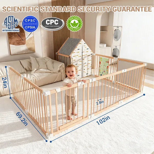 Natural Wood Baby Playpen by I YAN, 10-panel foldable play yard with door panel, built-in toys, and versatile shape options.