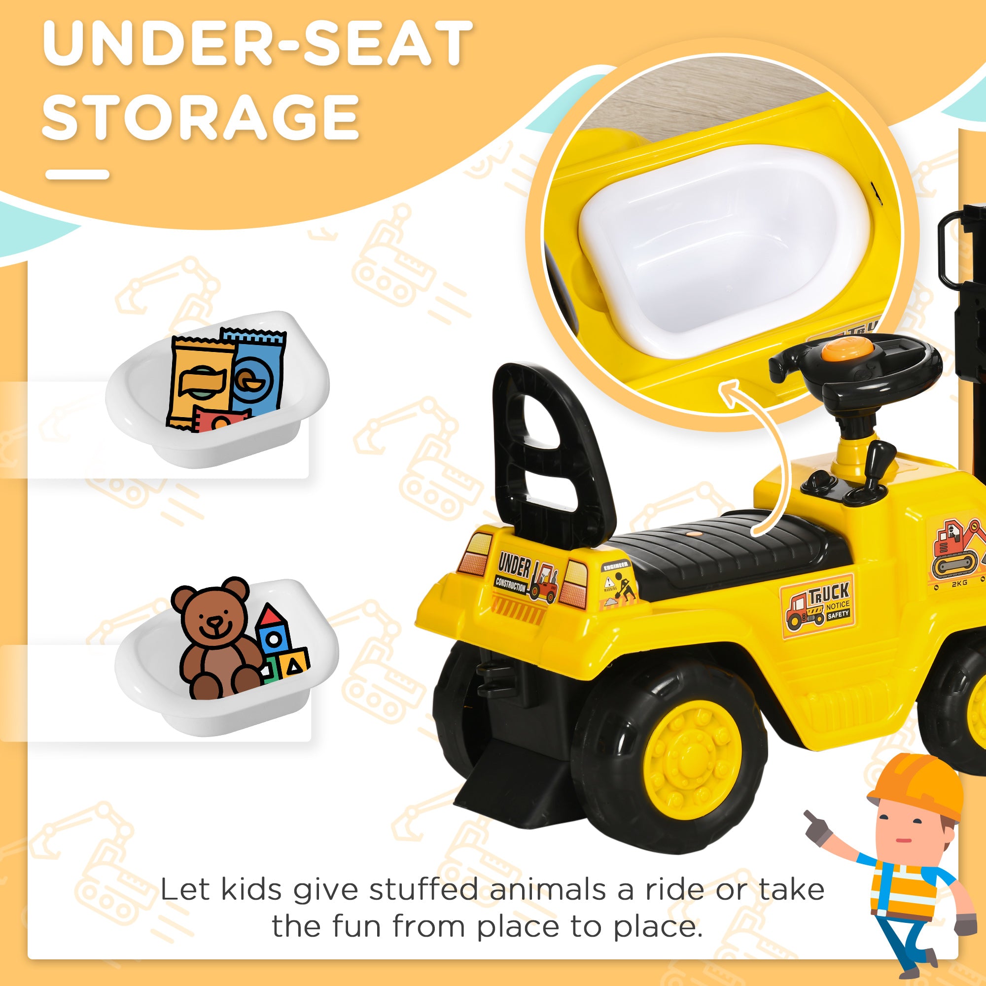 I YAN Sit and Scoot ride-on forklift toy for kids, featuring under-seat storage and realistic construction toy design.