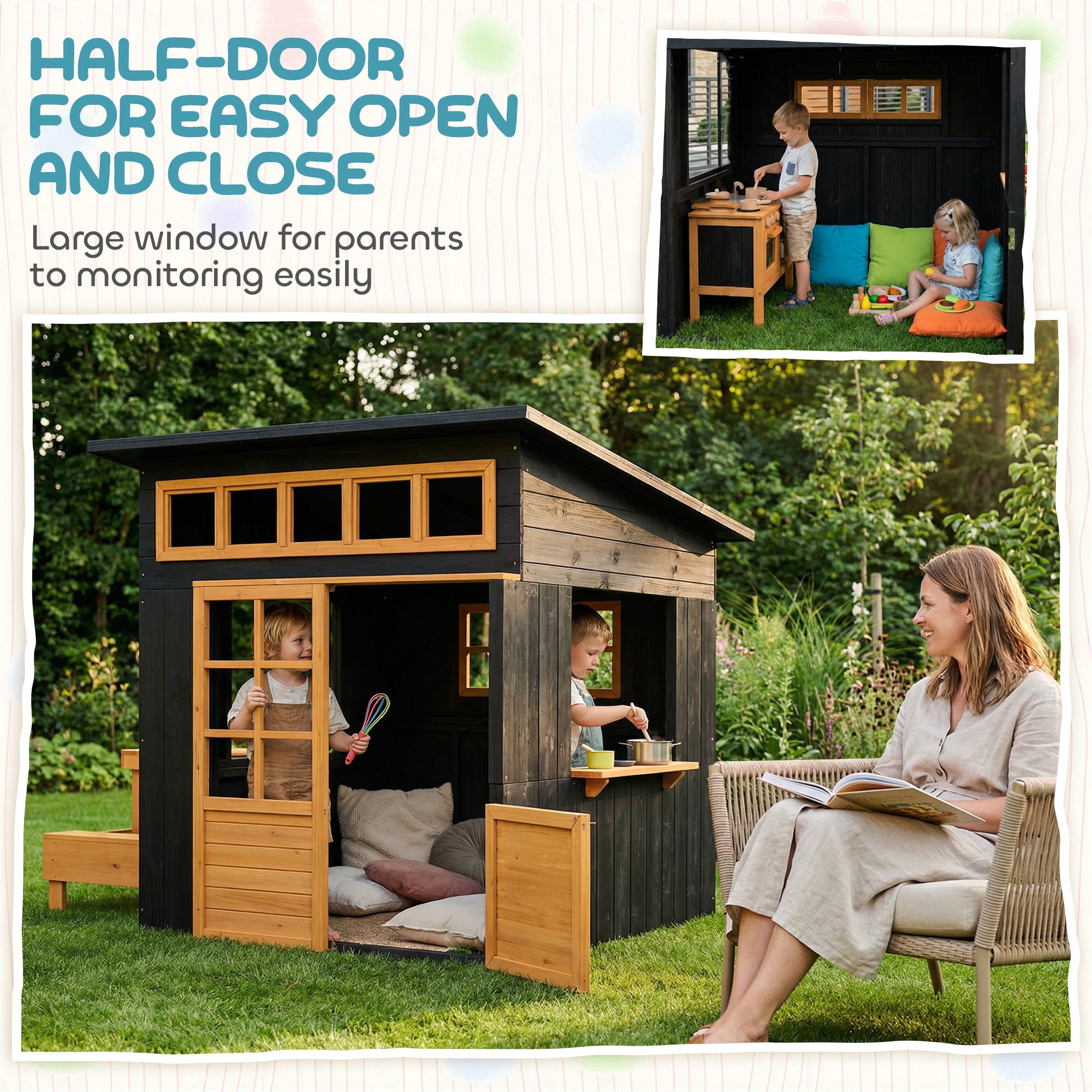 Wooden outdoor kids playhouse by I YAN with picnic table, benches, chalkboards, windows, and half door for children ages 3-8.