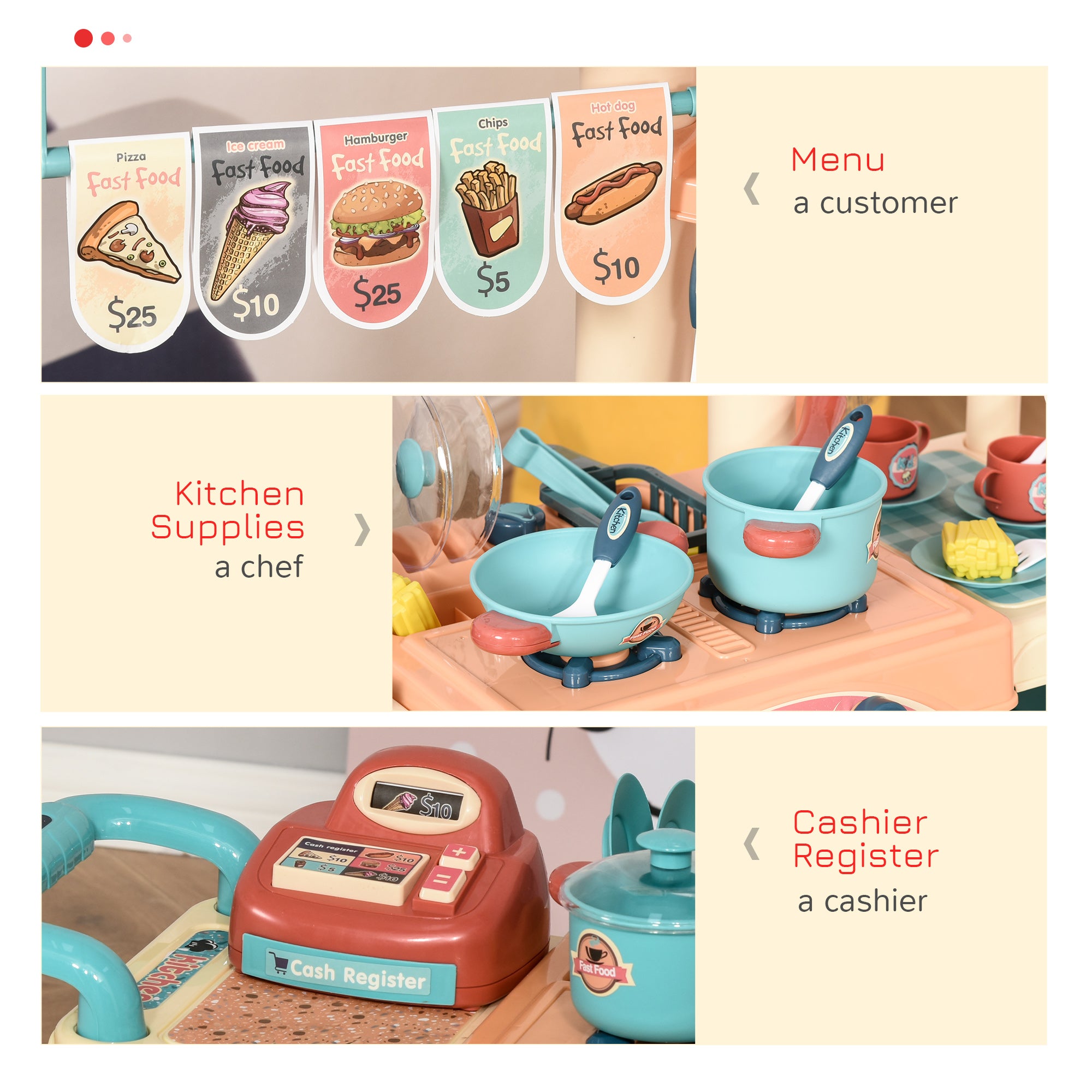 Kids kitchen food stand with play food, cashier register, and accessories by I YAN, suitable for children ages 3-6.