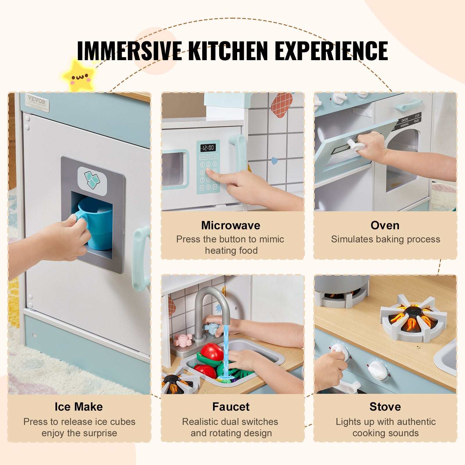 I YAN Christmas kitchen playset for kids with 24 pretend cooking accessories, including pots, pans, utensils, and white toy food items.