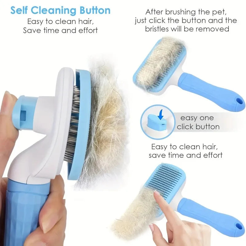 I YAN one-button pet deshedding brush showing ergonomic handle and metal shedding blade for dogs and cats.