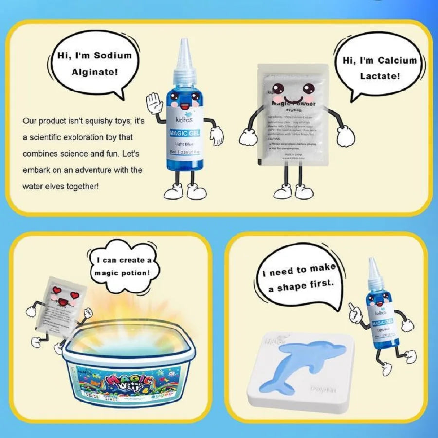 Kiditos Magic Water Elf Toy Kit by I YAN featuring colorful squishy gel water pets, molds, and sensory DIY craft elements for kids.