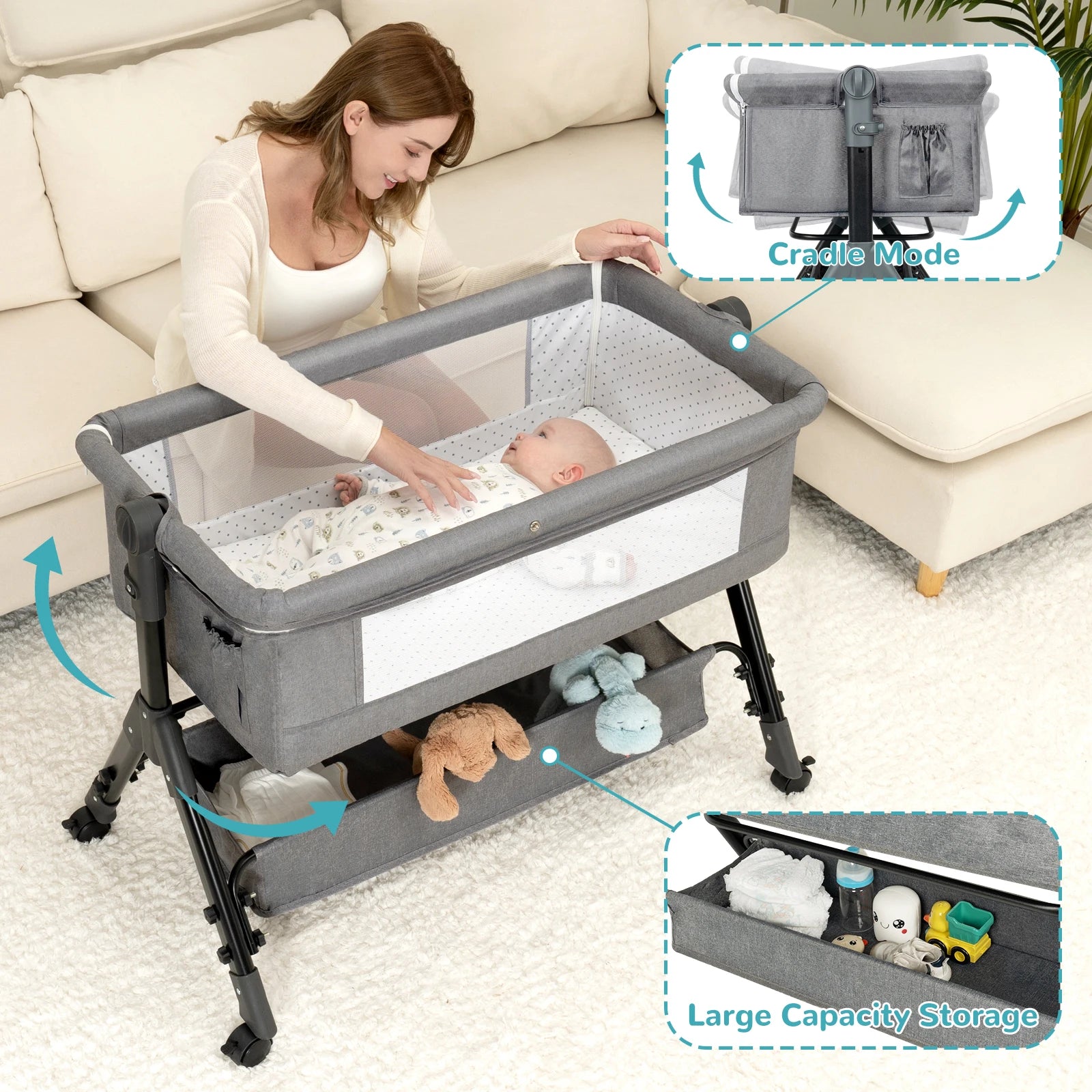 I YAN 3-in-1 baby bassinet bedside sleeper showing foldable, portable cradle with mesh sides and sturdy frame for newborns.