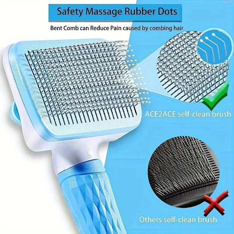 I YAN one-button pet deshedding brush with ergonomic grip, shown with dog and cat fur for easy hair removal and detangling.