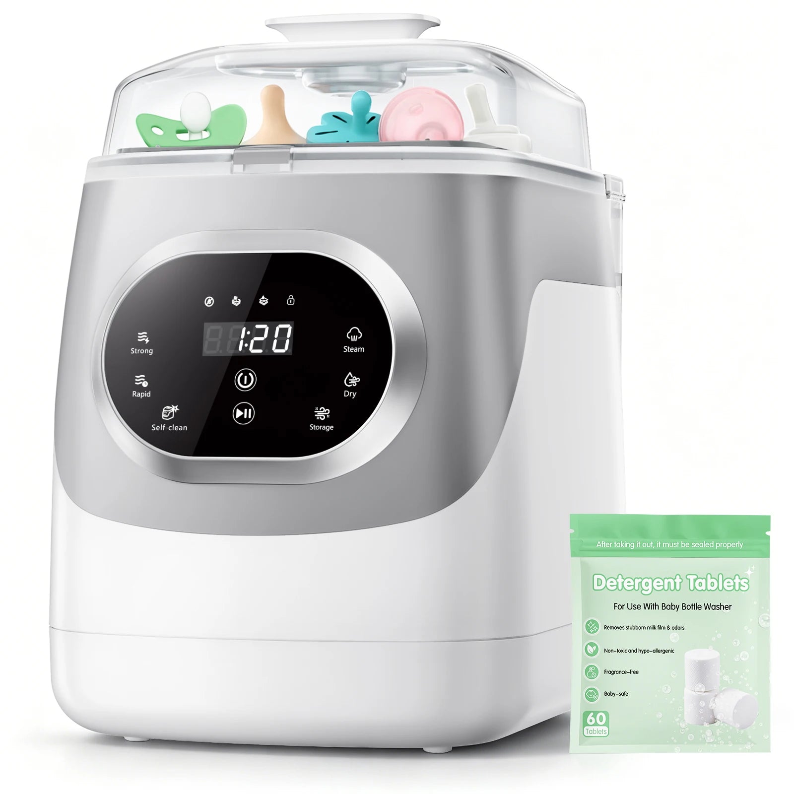 I YAN baby bottle care machine with sterilizer and dryer for bottles and breast pump accessories, showing the compact design and control panel.
