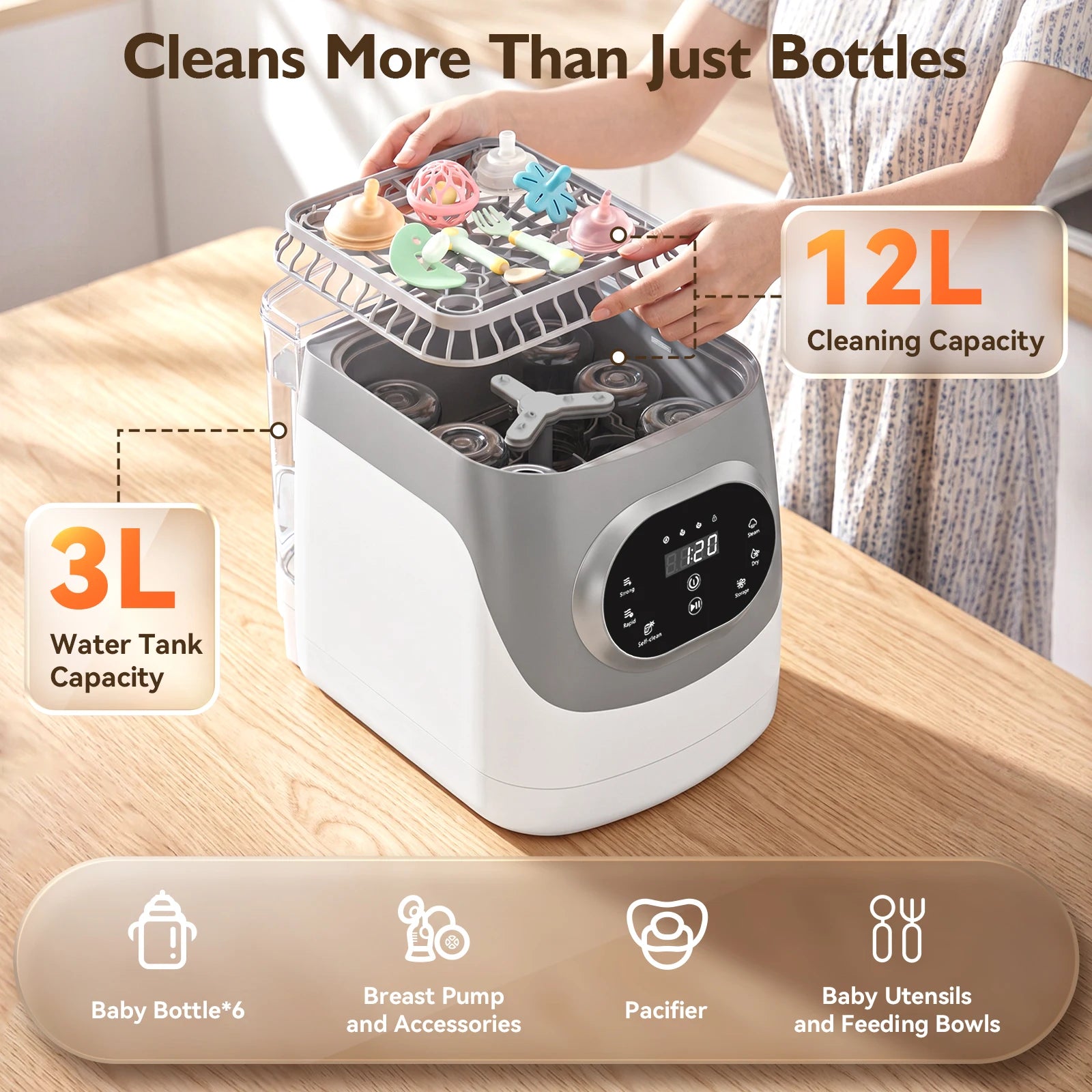 I YAN baby bottle care machine with sterilizer and dryer for bottles, breast pump accessories, and baby items, showing the compact design.