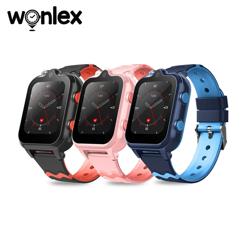Wonlex Kids 4G smart watch with dual camera, GPS, SOS, and WhatsApp for children, featuring an Android 8.1 interface.