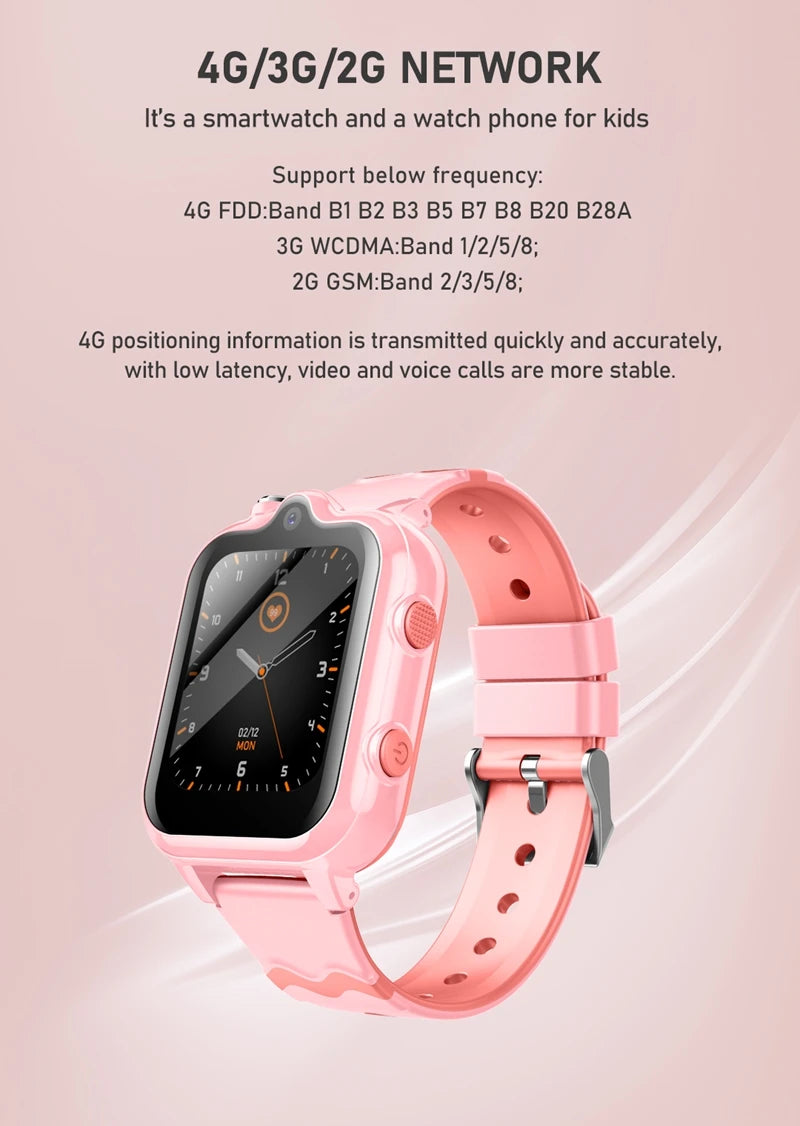 Wonlex Kids 4G Smart Watch with dual cameras, GPS, SOS, and WhatsApp, designed for children, featuring a colorful display and durable strap.