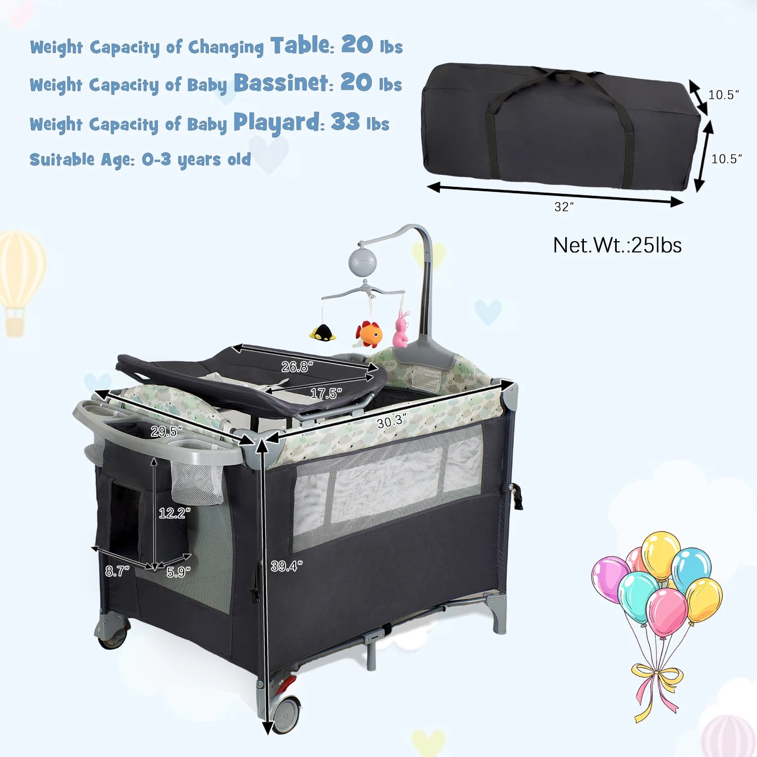 I YAN Pack n Play with bassinet, changing table, lockable wheels, music box, foldable infant to toddler playard in neutral fabric