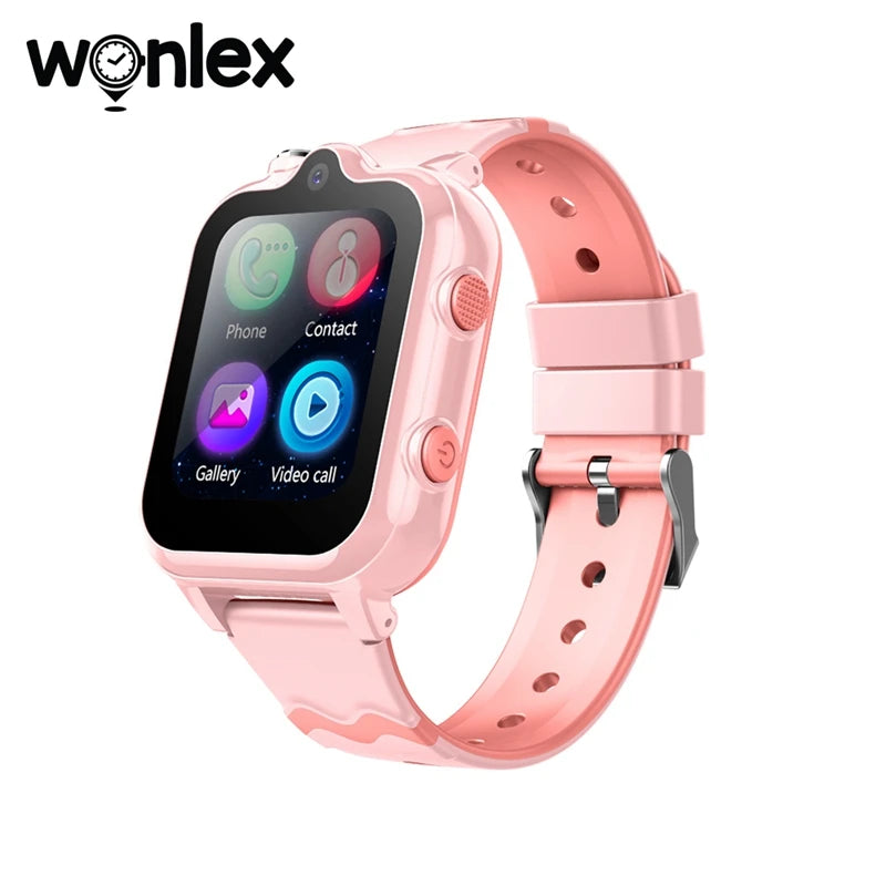 Wonlex Kids Smart Watch 4G with dual cameras, GPS, SOS, and WhatsApp on Android 8.1, featuring colorful display and kid-friendly design.