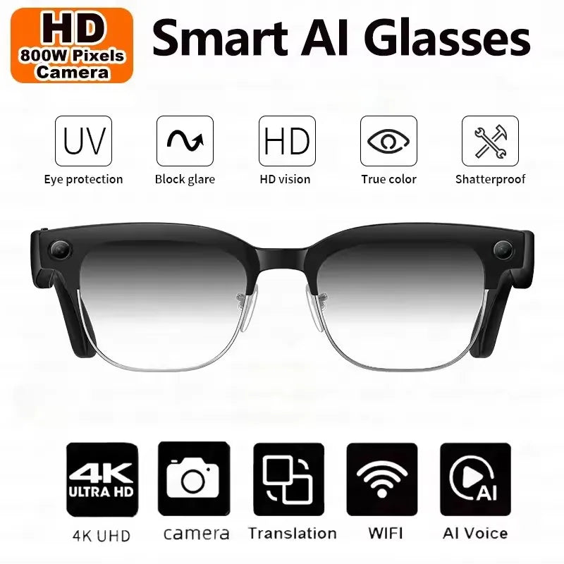 2026 New AI Smart Glasses 4K 8MP HD Camera Video 1080P 100+ Languages Translation WiFi Sunglasses Bluetooth Call Music Men Women